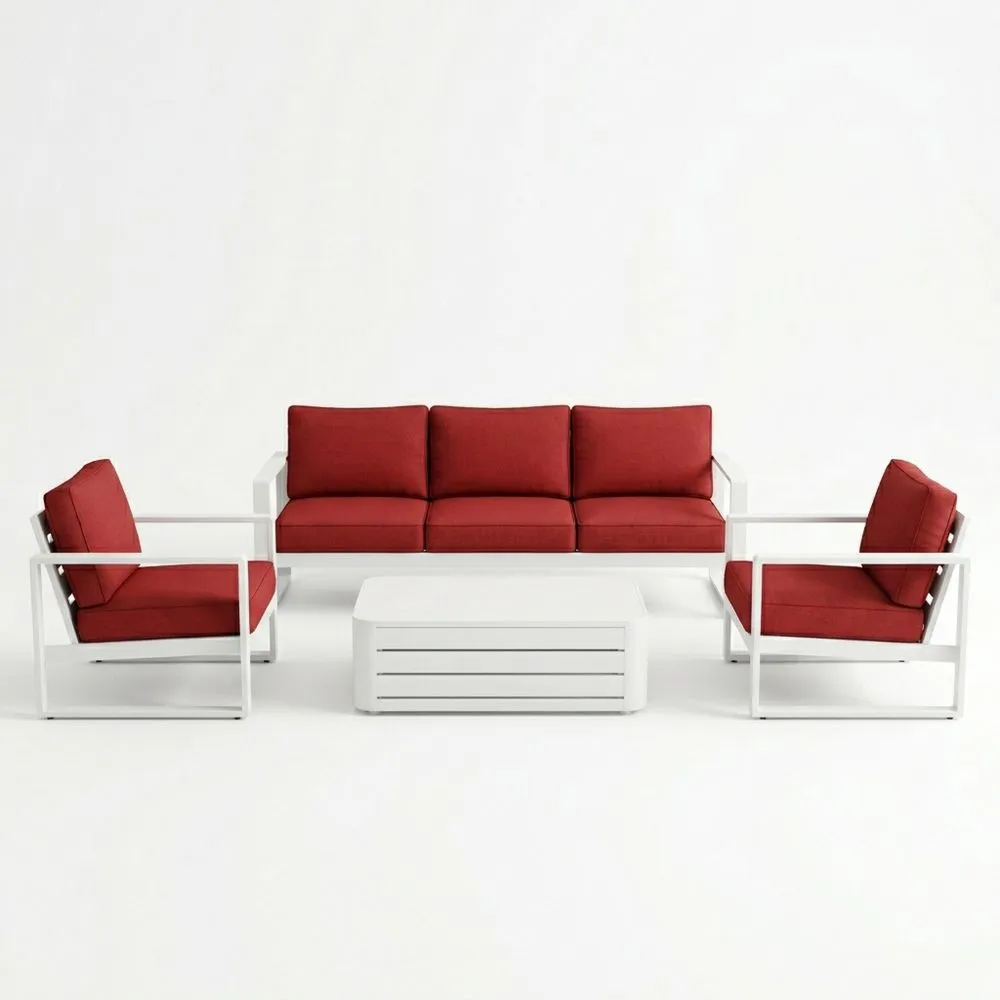 Set salotto da giardino 4 pezzi in alluminio con cuscini in poliestere rossi