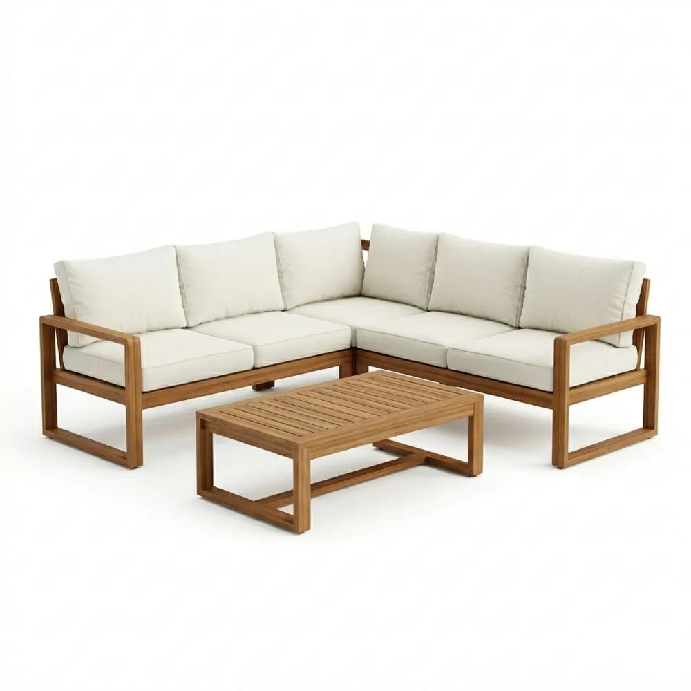 Set Divano Angolare in Legno di teak con Cuscini e Tavolino