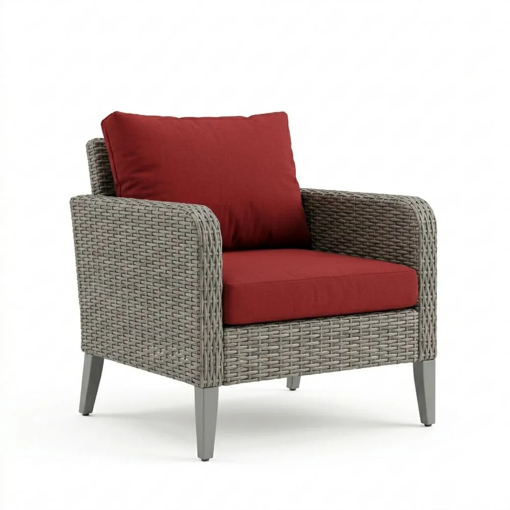 Poltrona in Rattan Sintetico con Cuscini in Poliestere Rossi