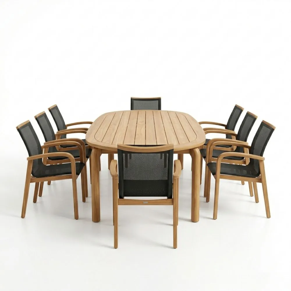 Set da Pranzo Esterno Ovale in Legno di Teak con Sedie in Tessuto di Poliestere