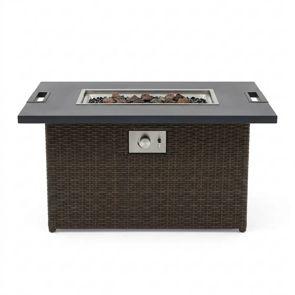 Tavolo con Braciere a Gas in Rattan e Acciaio Inox