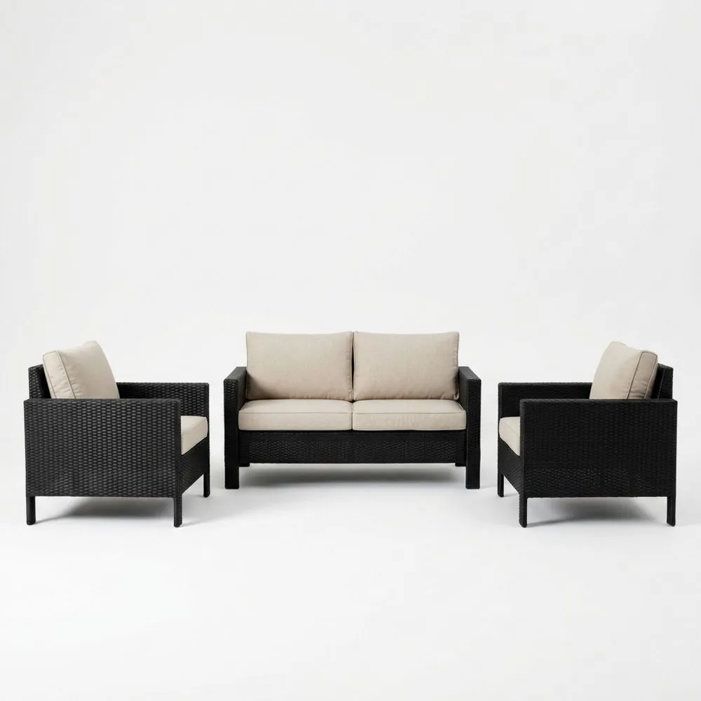 Set salotto da giardino in rattan sintetico nero con cuscini beige