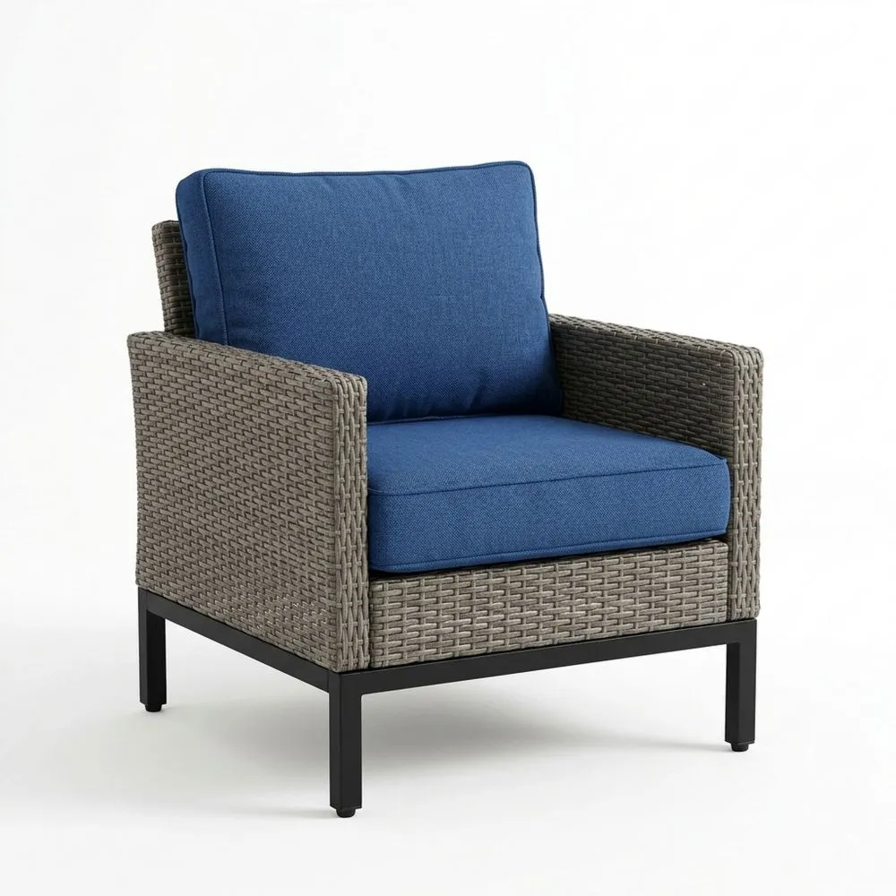 Poltrona da Giardino in Rattan con Cuscini Blu