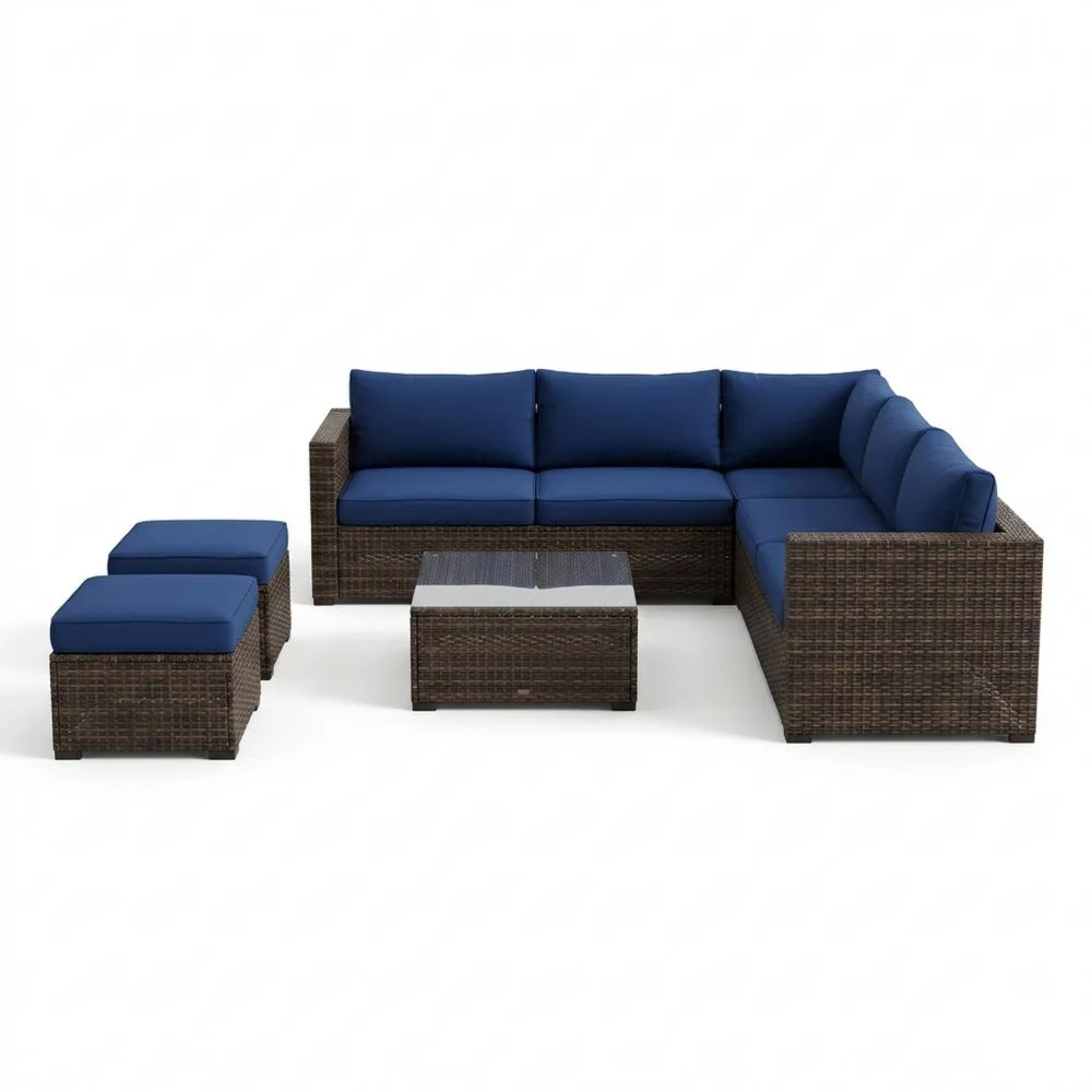 Set Divano Angolare da Giardino in Rattan con Cuscini Blu