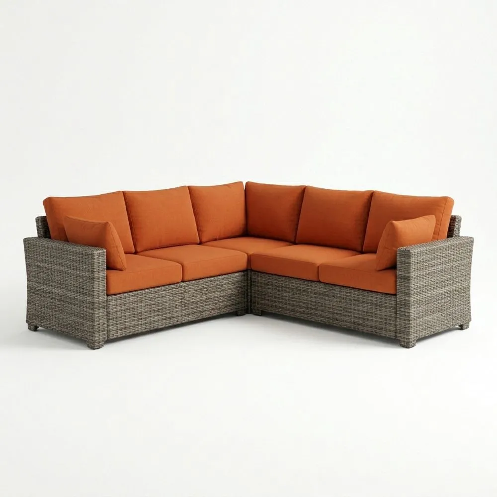 Divano Angolare in Rattan con Cuscini in Tessuto Arancioni