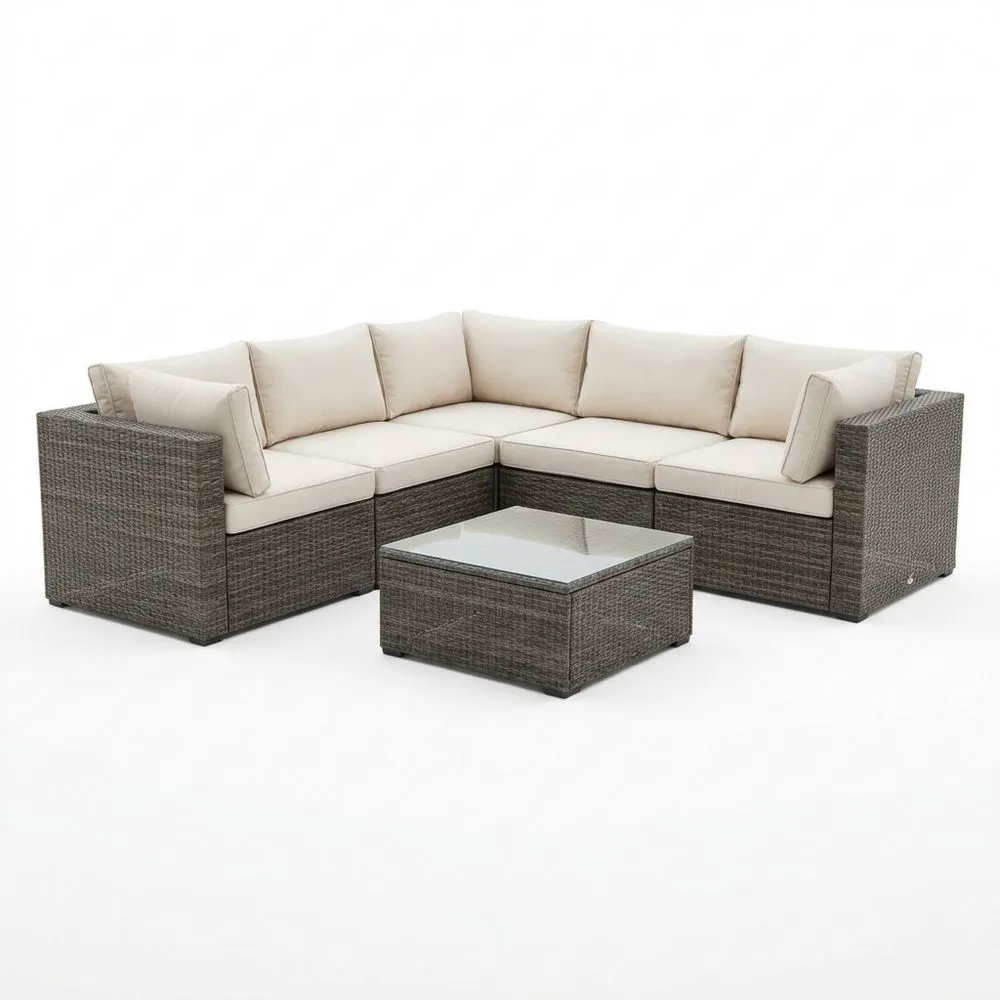 Set divano angolare in rattan con tavolino vetro temperato grigio beige