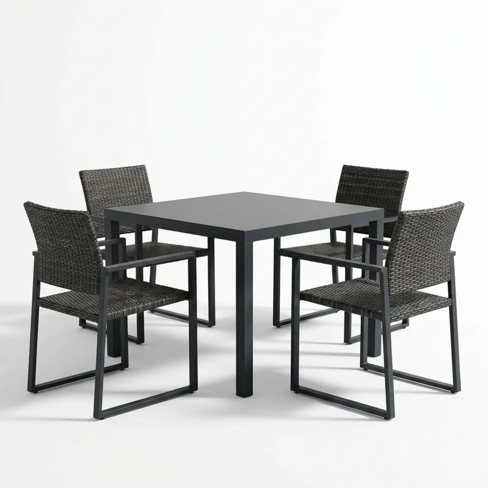 Set tavolo e sedie da pranzo in acciaio e rattan sintetico antracite