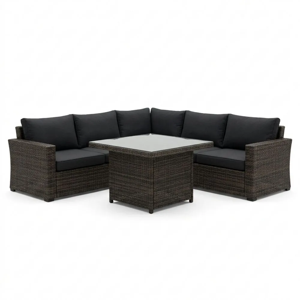 Set Divano in Rattan con Tavolo in Vetro Temperato e Cuscini Neri