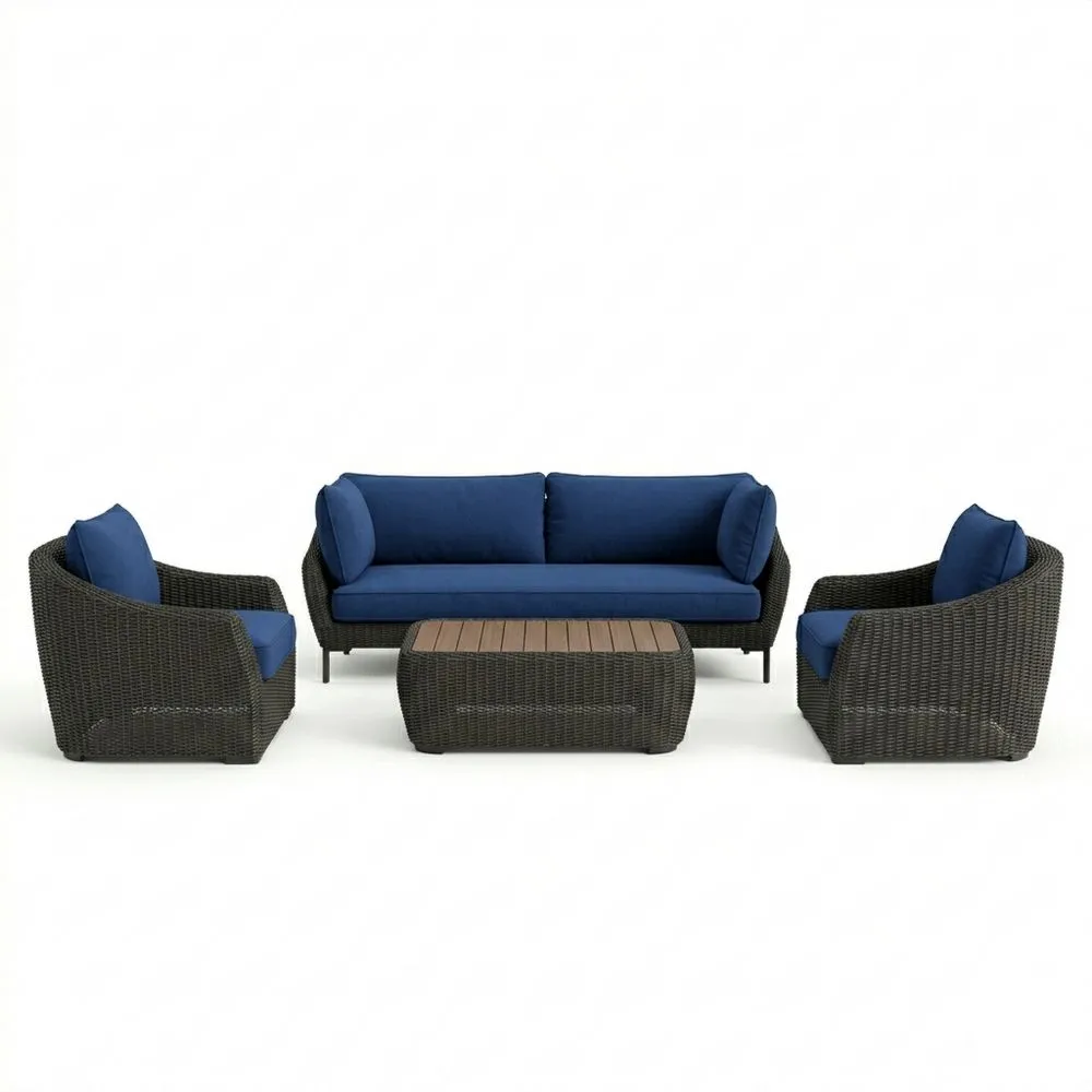 Set Divano da Giardino in Rattan Sintetico con Cuscini in Poliestere Blu