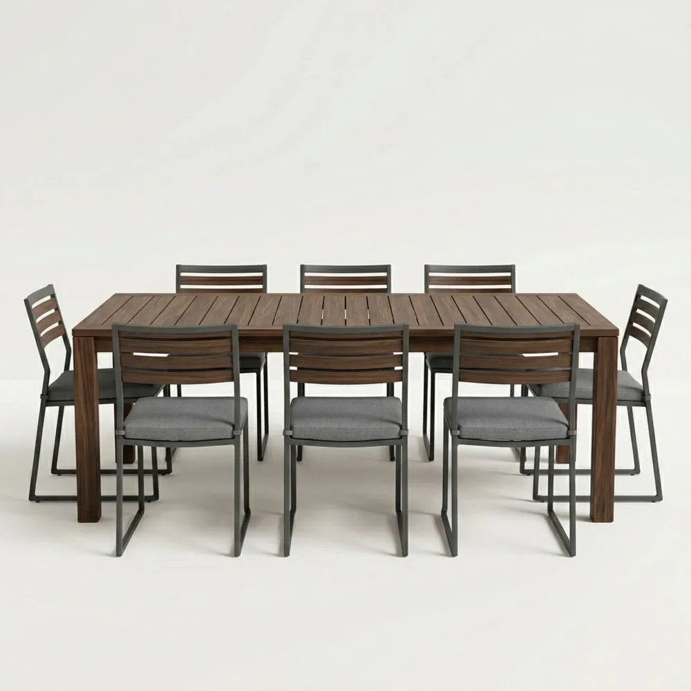 Set da Pranzo in Legno massello con 8 Sedie in Metallo e Cuscini Grigi
