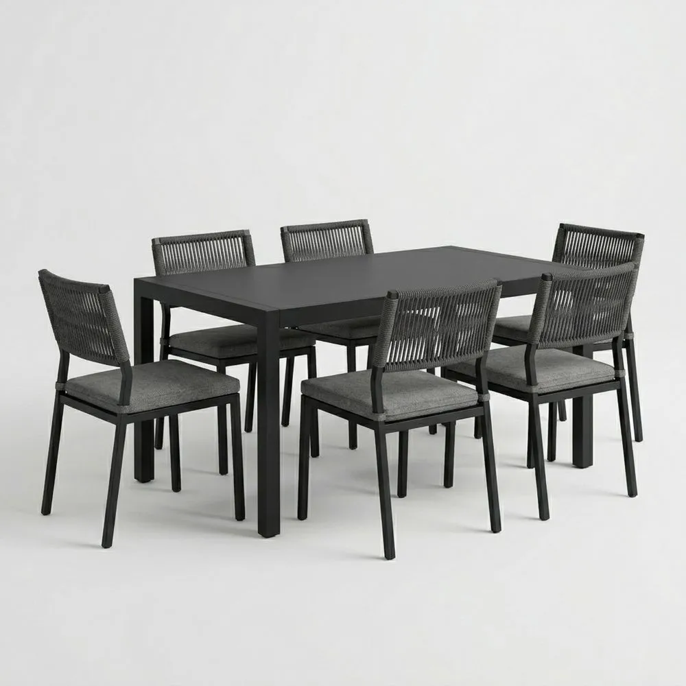 Set da pranzo da esterno in acciaio nero con tavolo e 6 sedie in corda sintetica