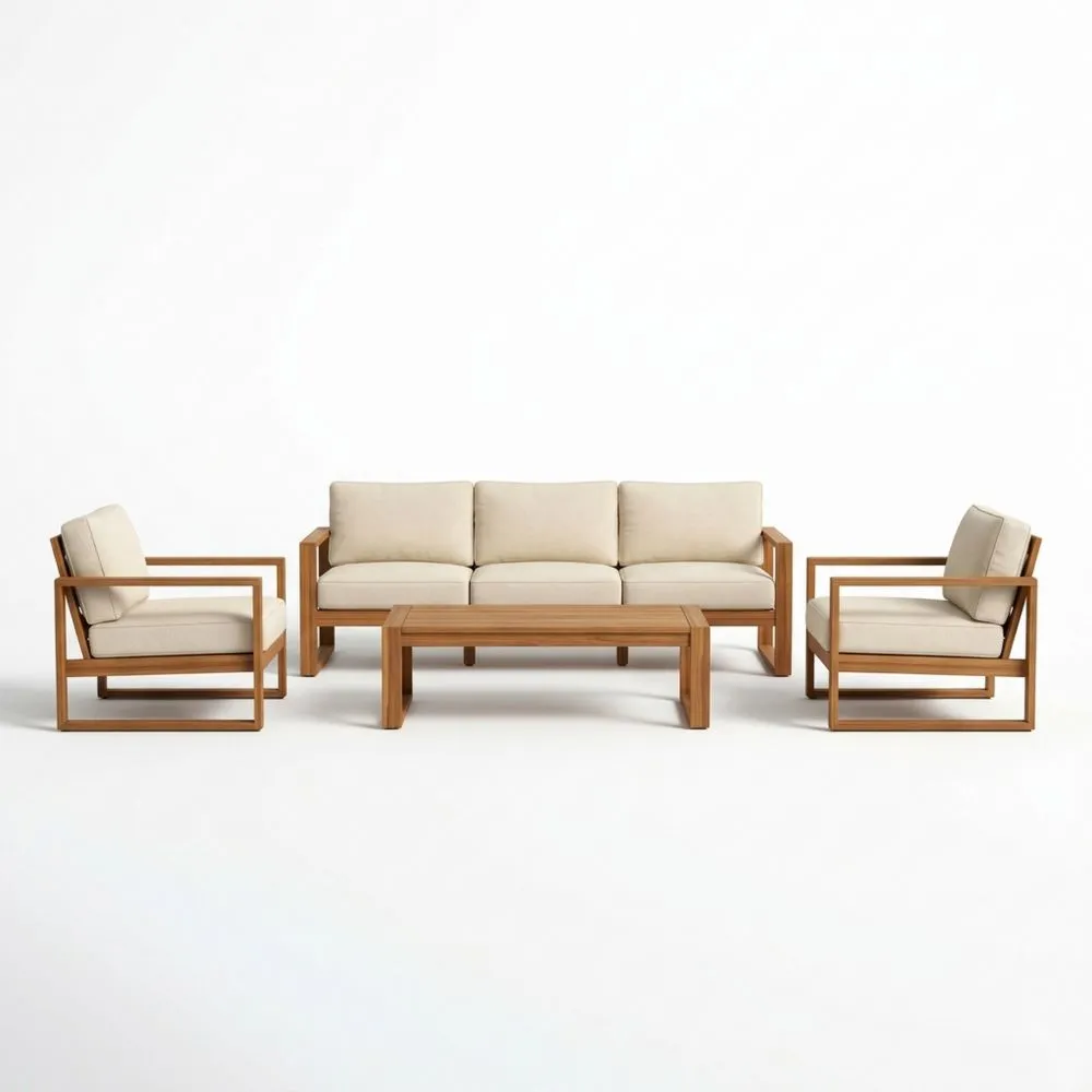 Set divano da giardino in legno di teak con cuscini beige