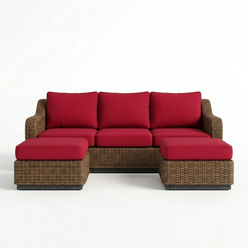 Divano componibile in vimini con cuscini in poliestere rossi