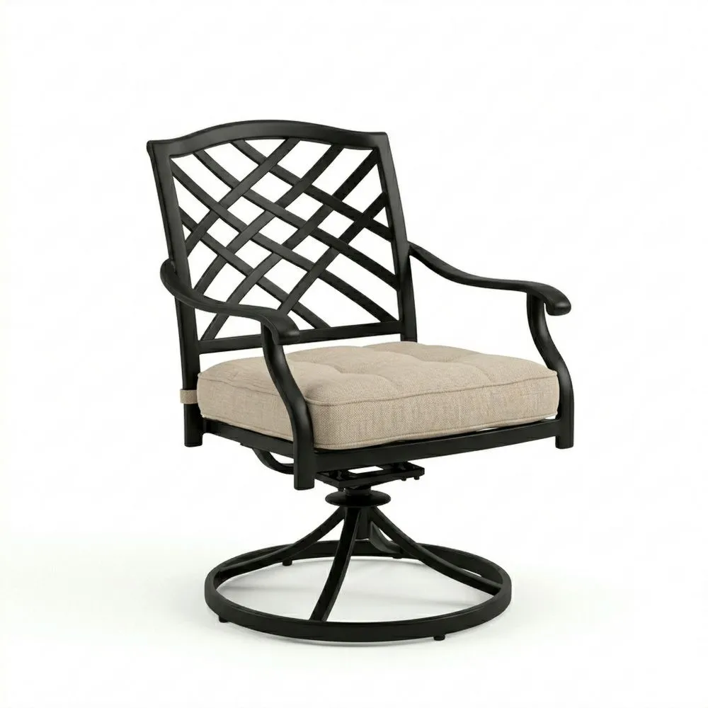 Poltrona Girevole da Giardino in Alluminio Nero con Cuscino in Tessuto Beige