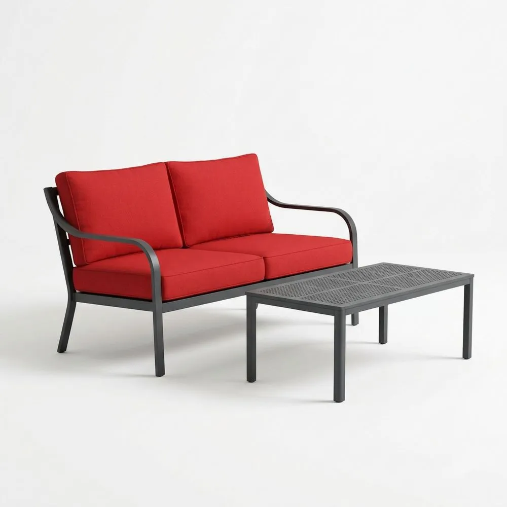 Set Divano 2 Posti e Tavolino da Esterno in Alluminio con Cuscini in Tessuto Rosso