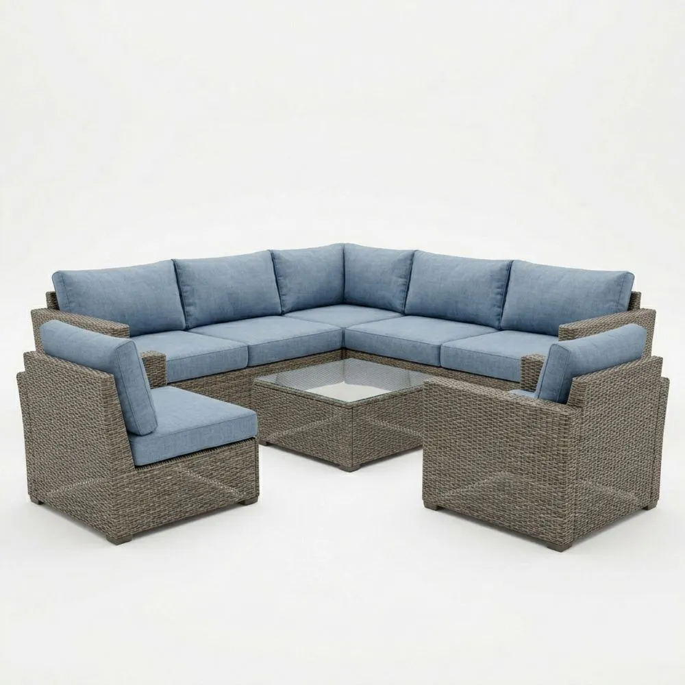 Set salotto angolare da giardino in rattan grigio con cuscini blu