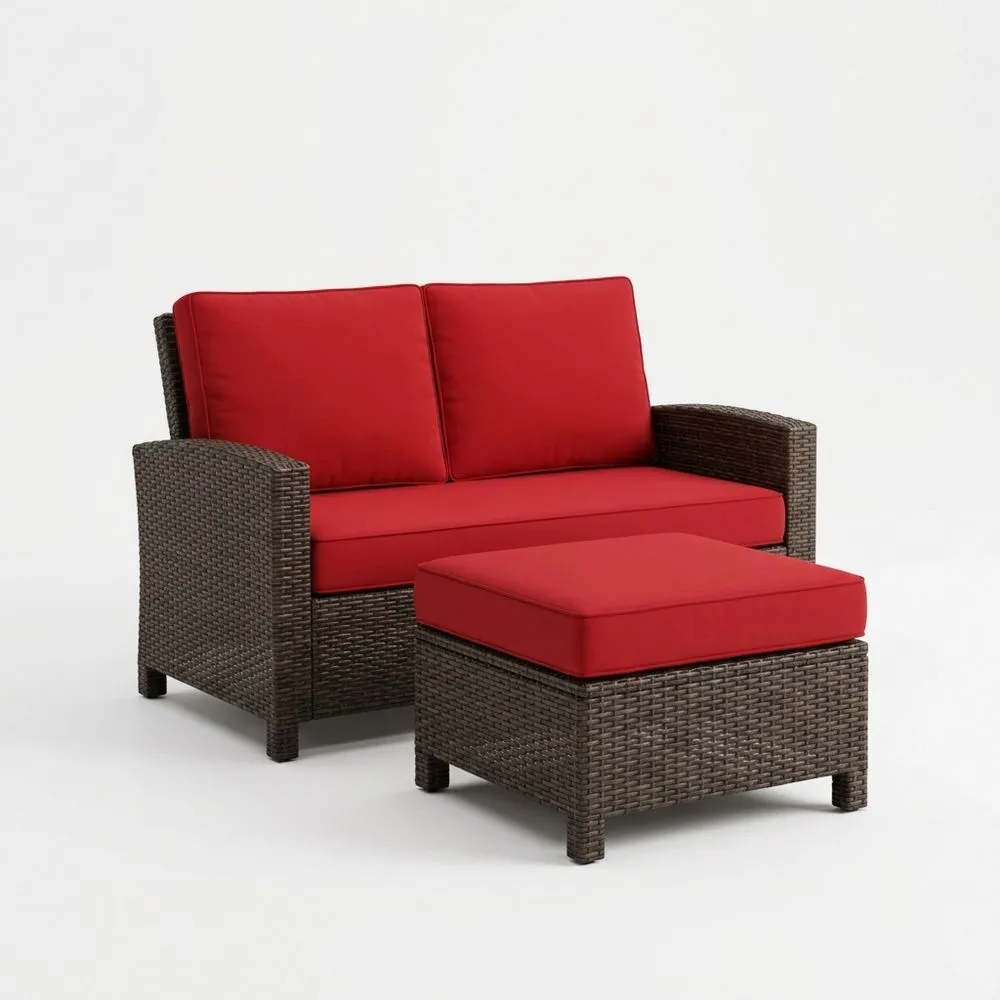 Divano da Esterno in Rattan con Cuscini in Poliestere Rosso