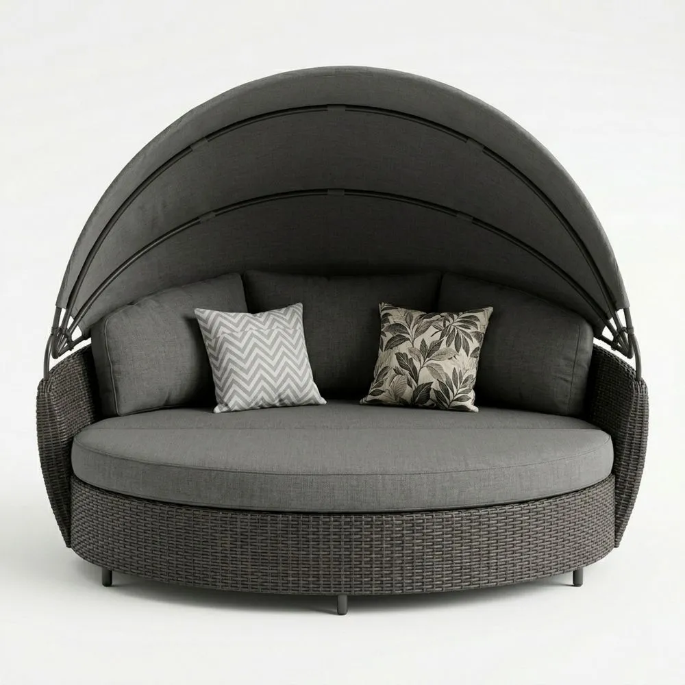 Divano Rotondo con Baldacchino in Rattan Grigio