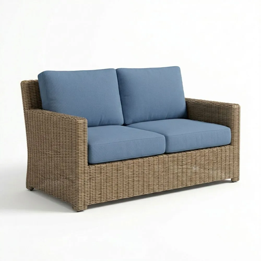 Divano a Due Posti in Rattan Sintetico con Cuscini in Poliestere Blu