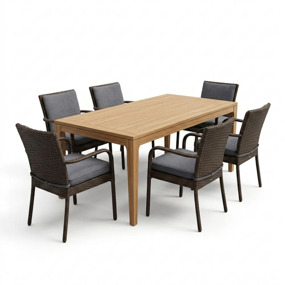 Set da pranzo da giardino con tavolo in legno di teak e 6 sedie in rattan sintetico con cuscini grigi