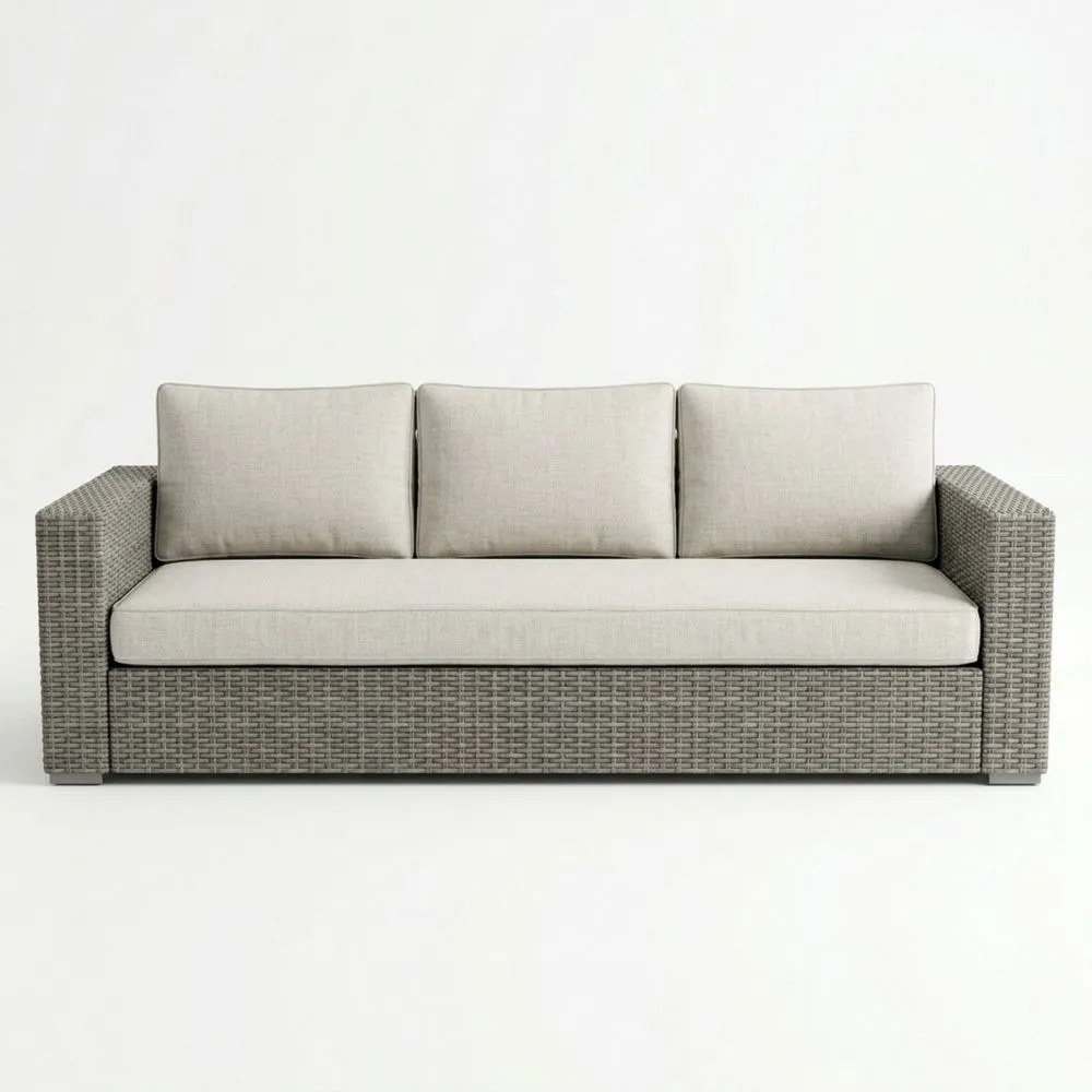 Divano 3 posti in rattan con cuscini in tessuto beige