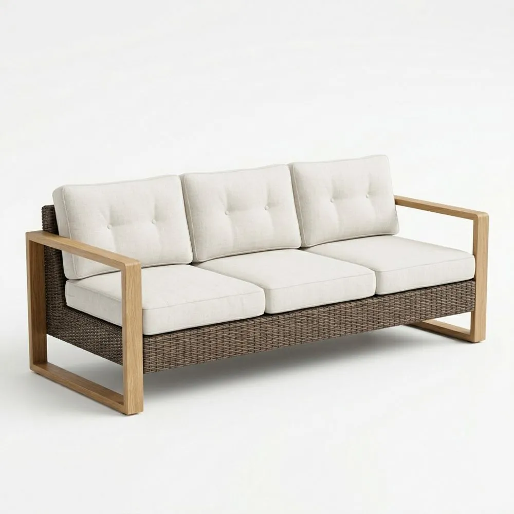 Divano da giardino a 3 posti in rattan con struttura in legno di teak e cuscini in tessuto