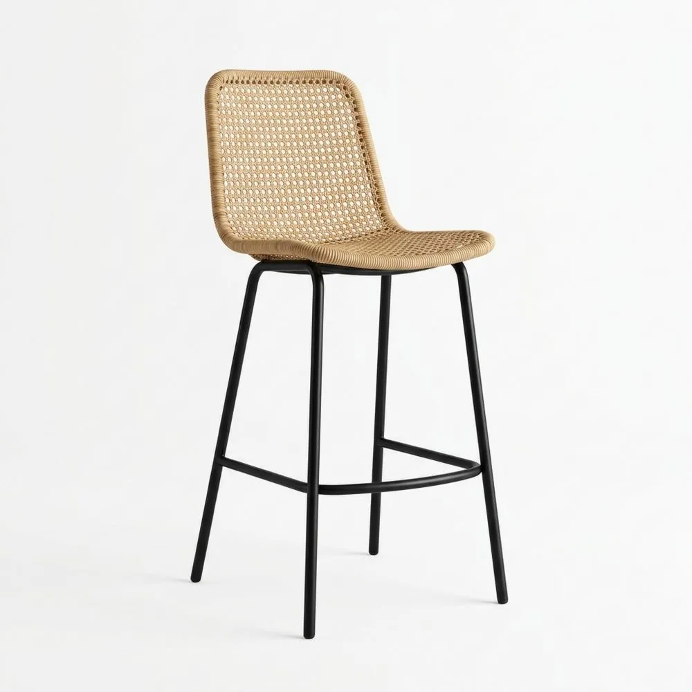 Sgabello in Rattan Sintetico e Acciaio Nero