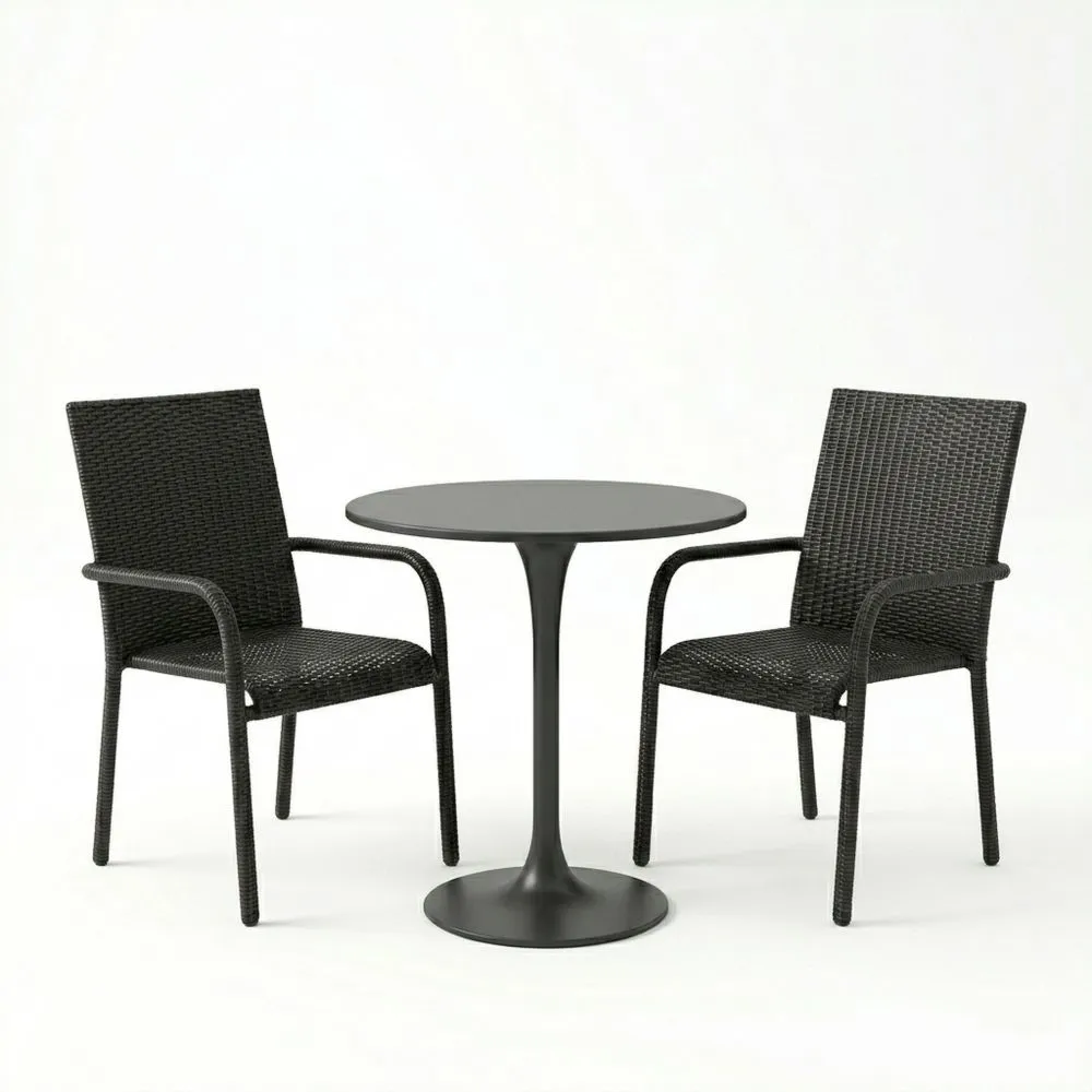 Set Tavolo Rotondo in Acciaio e Sedie in Rattan Sintetico