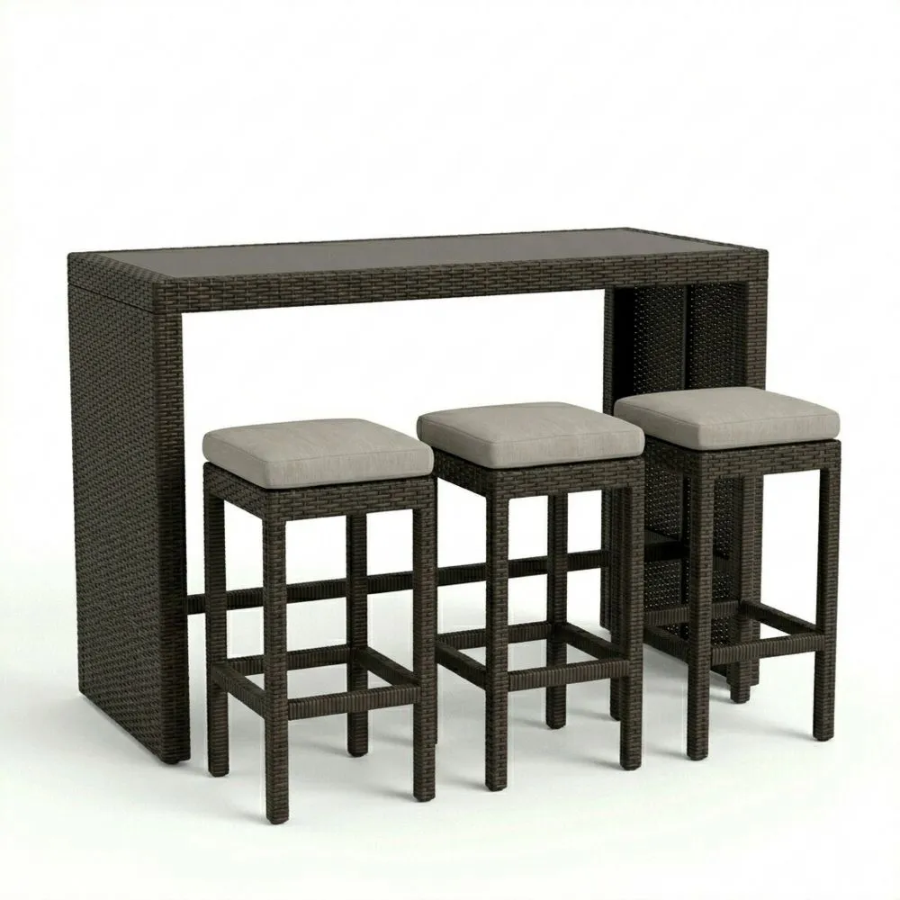 Set bar da giardino con tavolo e sgabelli in rattan sintetico con cuscini