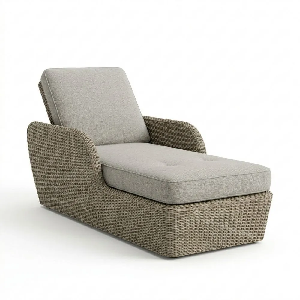 Chaise Longue in Rattan con Cuscino Grigio in Poliestere