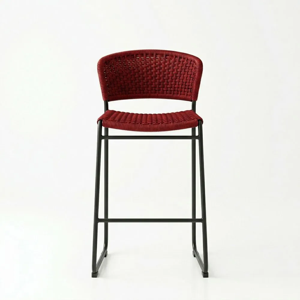 Sgabello da bar in acciaio con seduta in corda di poliestere rossa