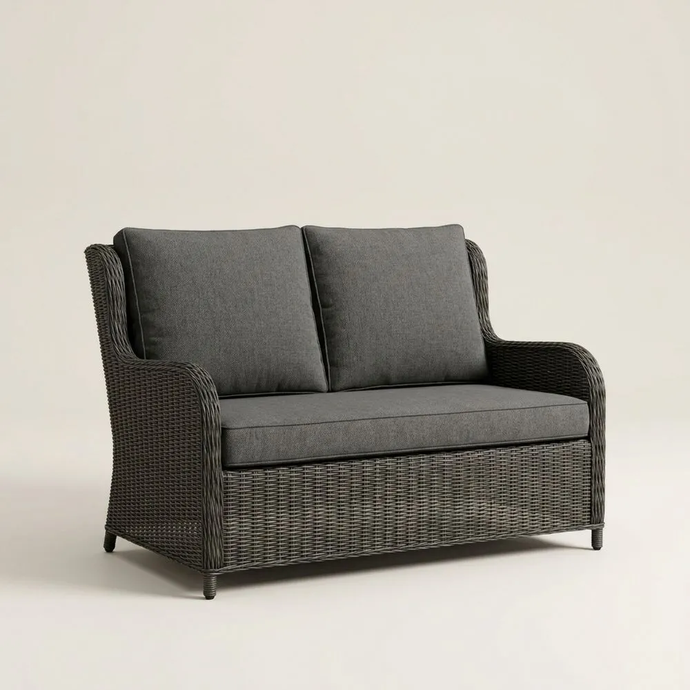 Divano da giardino a due posti in rattan sintetico grigio con cuscini in poliestere