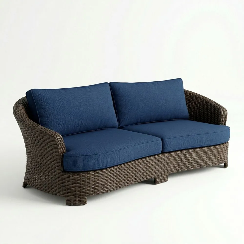 Divano da giardino in rattan sintetico con cuscini blu