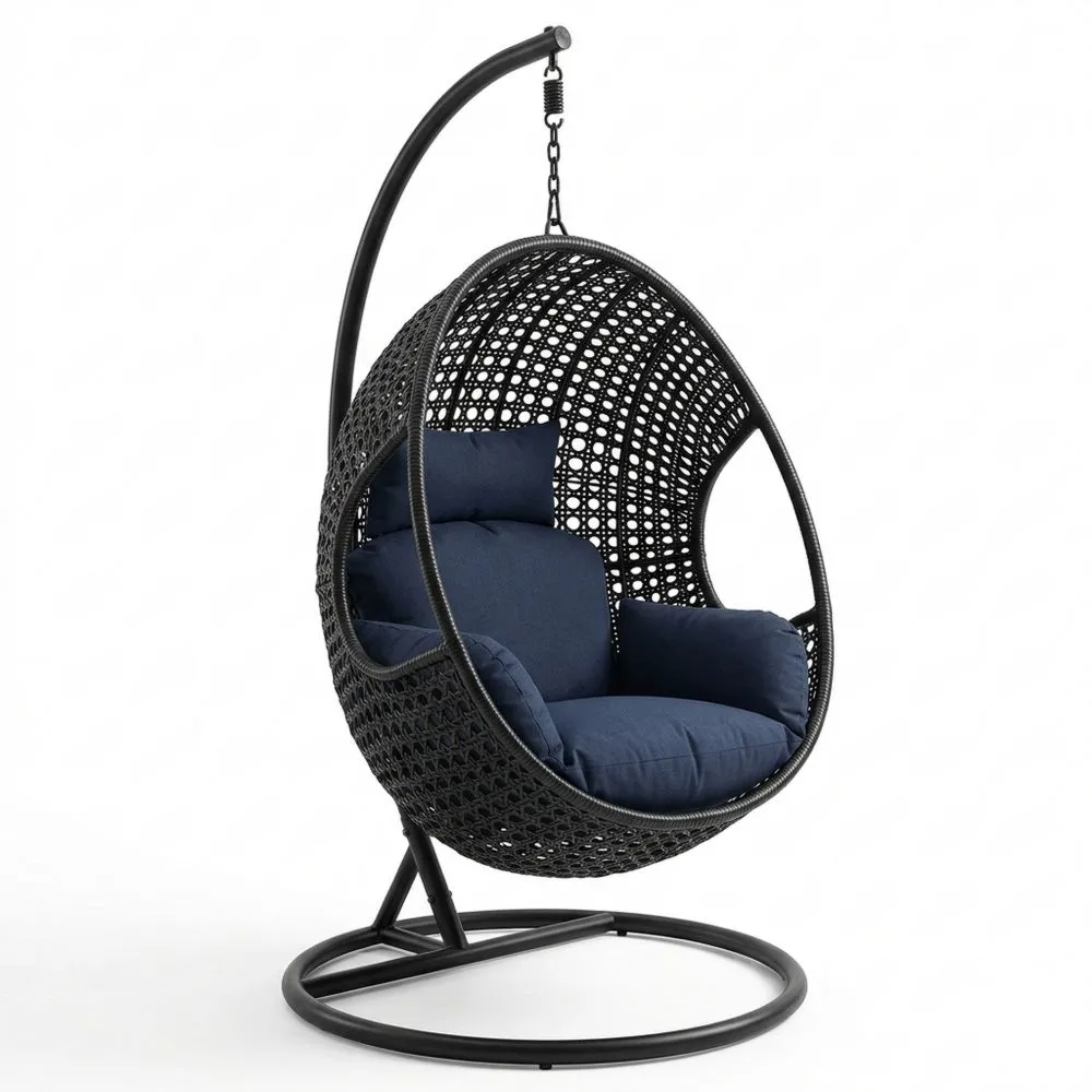 Sedia sospesa da giardino in acciaio e polyrattan nero con cuscini blu