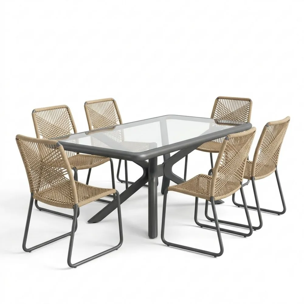 Set da pranzo da giardino con tavolo rettangolare in vetro e sedie in acciaio e rattan