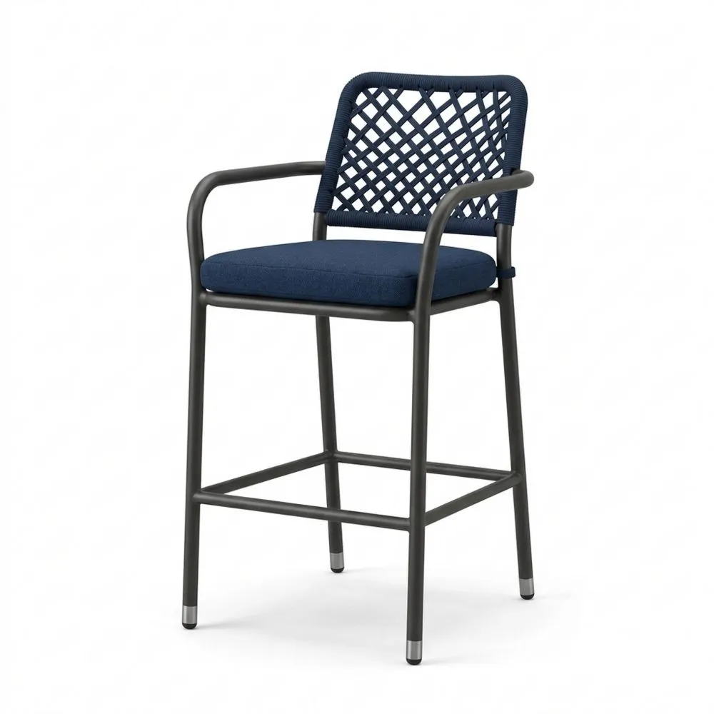Sgabello da bar in acciaio con schienale in corda intrecciata e cuscino in tessuto blu