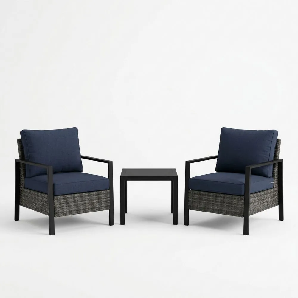 Set di poltrone da relax da esterno in rattan sintetico e metallo con cuscini blu