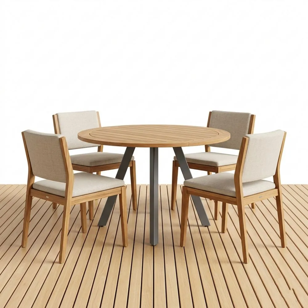 Set da pranzo con tavolo rotondo in legno di teak e acciaio e 4 sedie imbottite