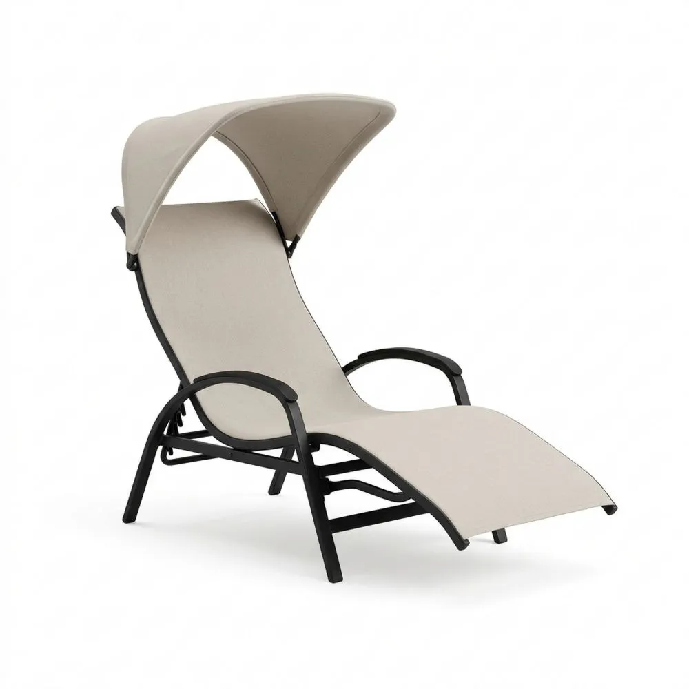 Sedia a sdraio in acciaio e tessuto beige con parasole