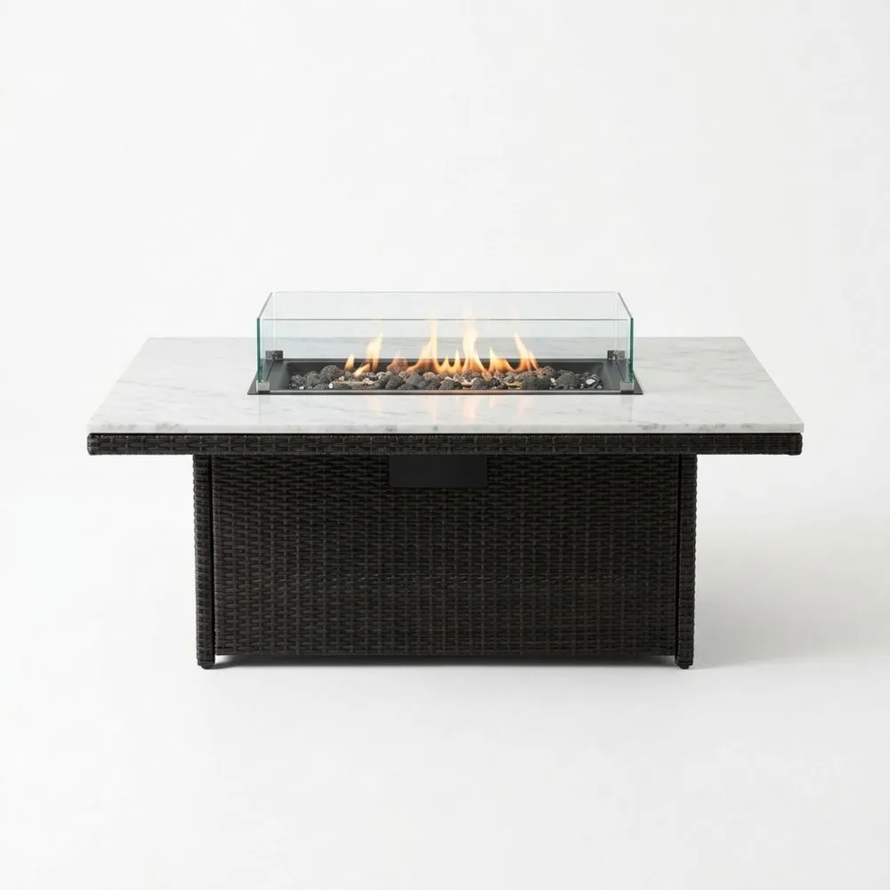 Tavolo da Fuoco in Rattan Sintetico con Marmo e Vetro