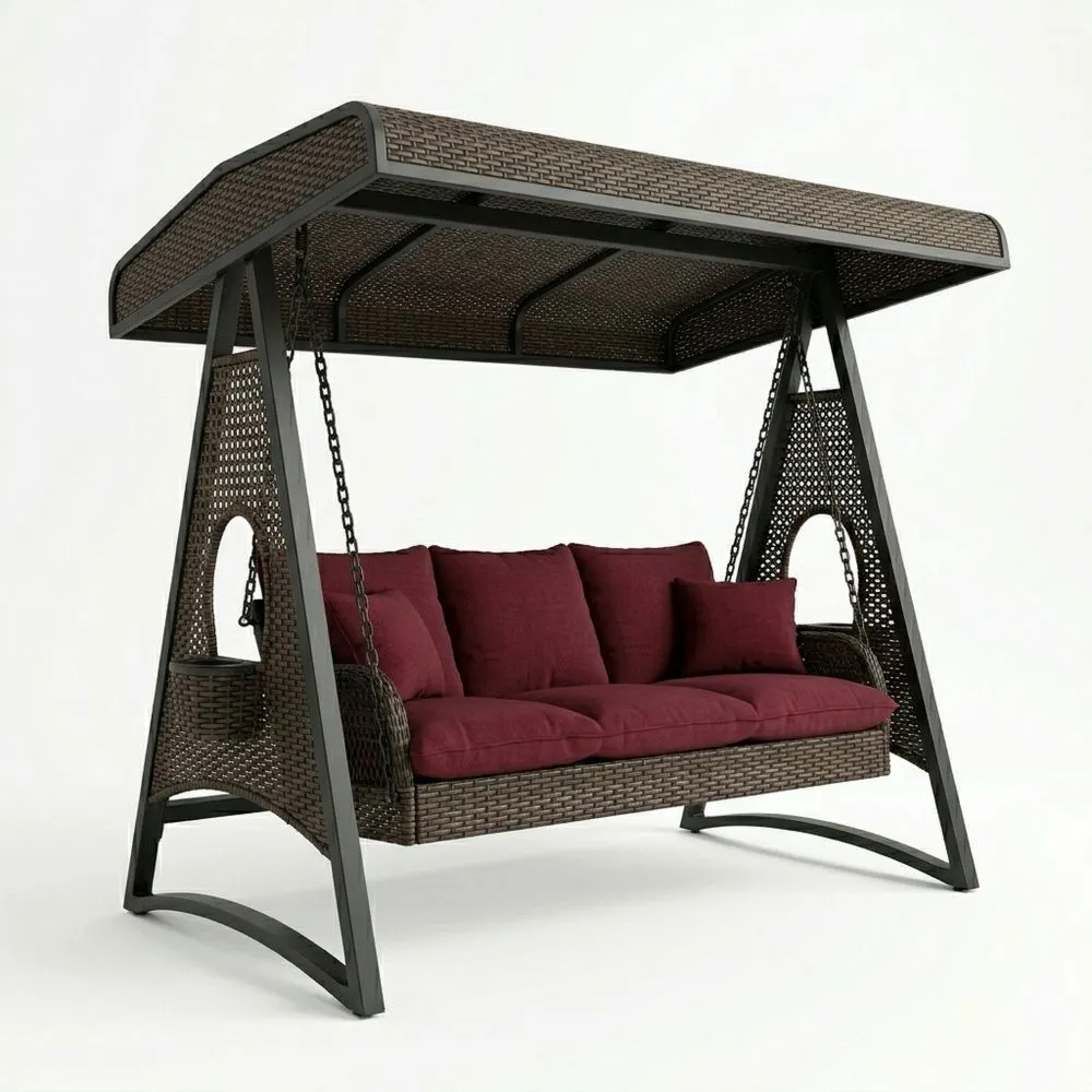 Altalena da Giardino in Rattan Marrone con Cuscini Rossi