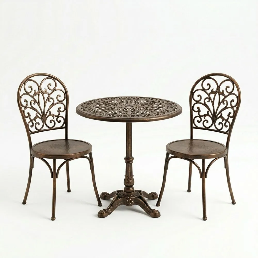 Set da pranzo da giardino in alluminio con tavolo rotondo e 2 sedie color bronzo