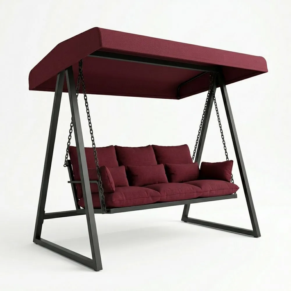 Altalena da giardino in acciaio con tetto e cuscini bordeaux