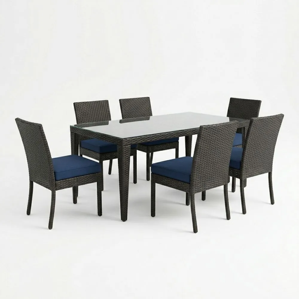 Set da Pranzo in Rattan con Tavolo in Vetro Temperato e 6 Sedie Blu