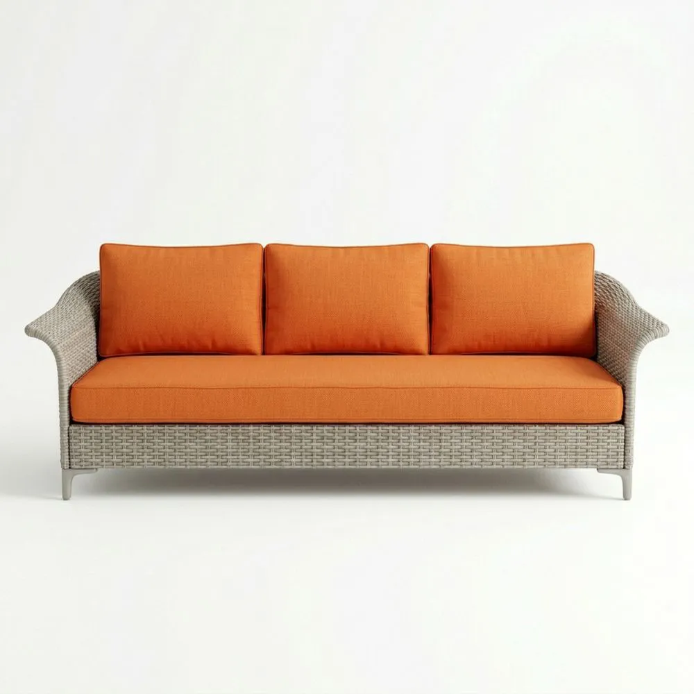 Divano in Rattan con Cuscini in Poliestere Arancione