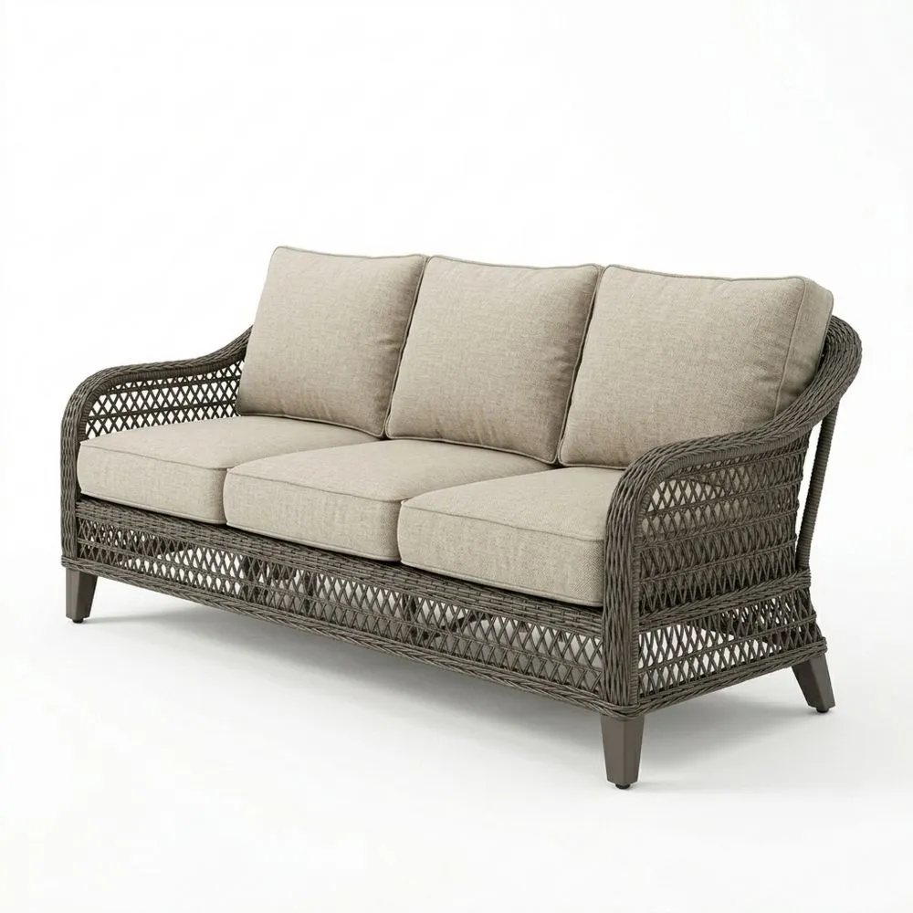 Divano da giardino a tre posti in rattan sintetico con cuscini in poliestere