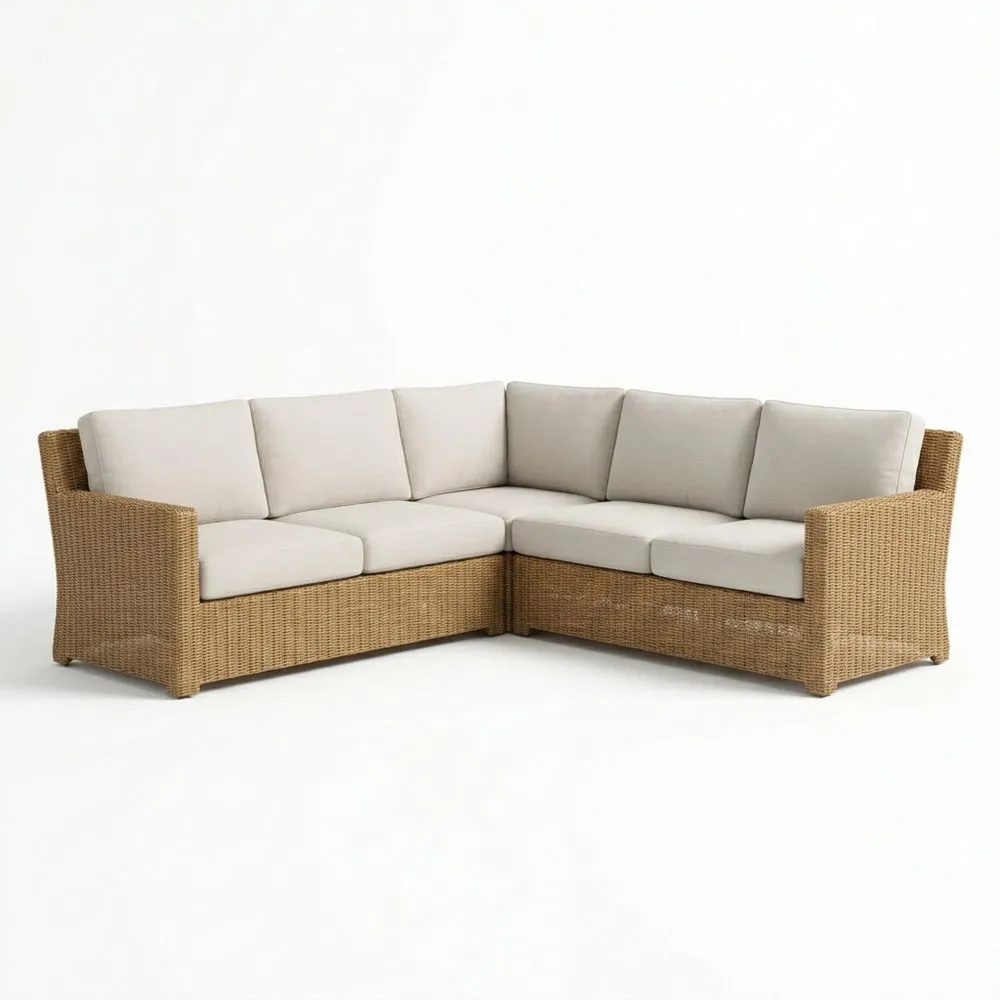 Divano Angolare in Rattan con Cuscini in Poliestere Sabbia