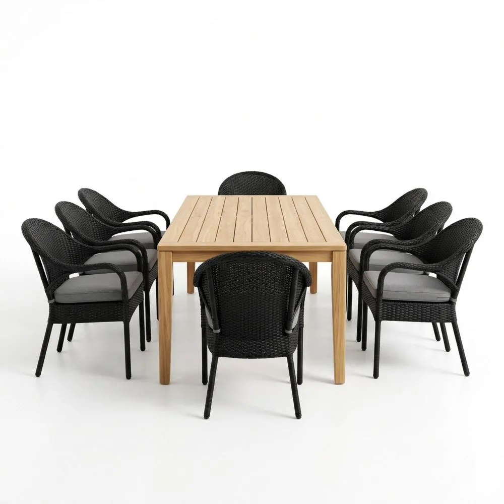 Set da pranzo in legno di teak e resina con 8 sedie