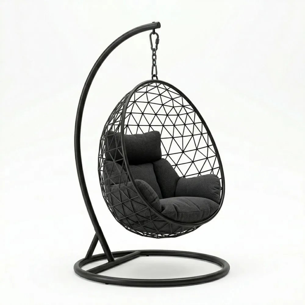 Sedia sospesa in acciaio con cuscino in stoffa grigio scuro