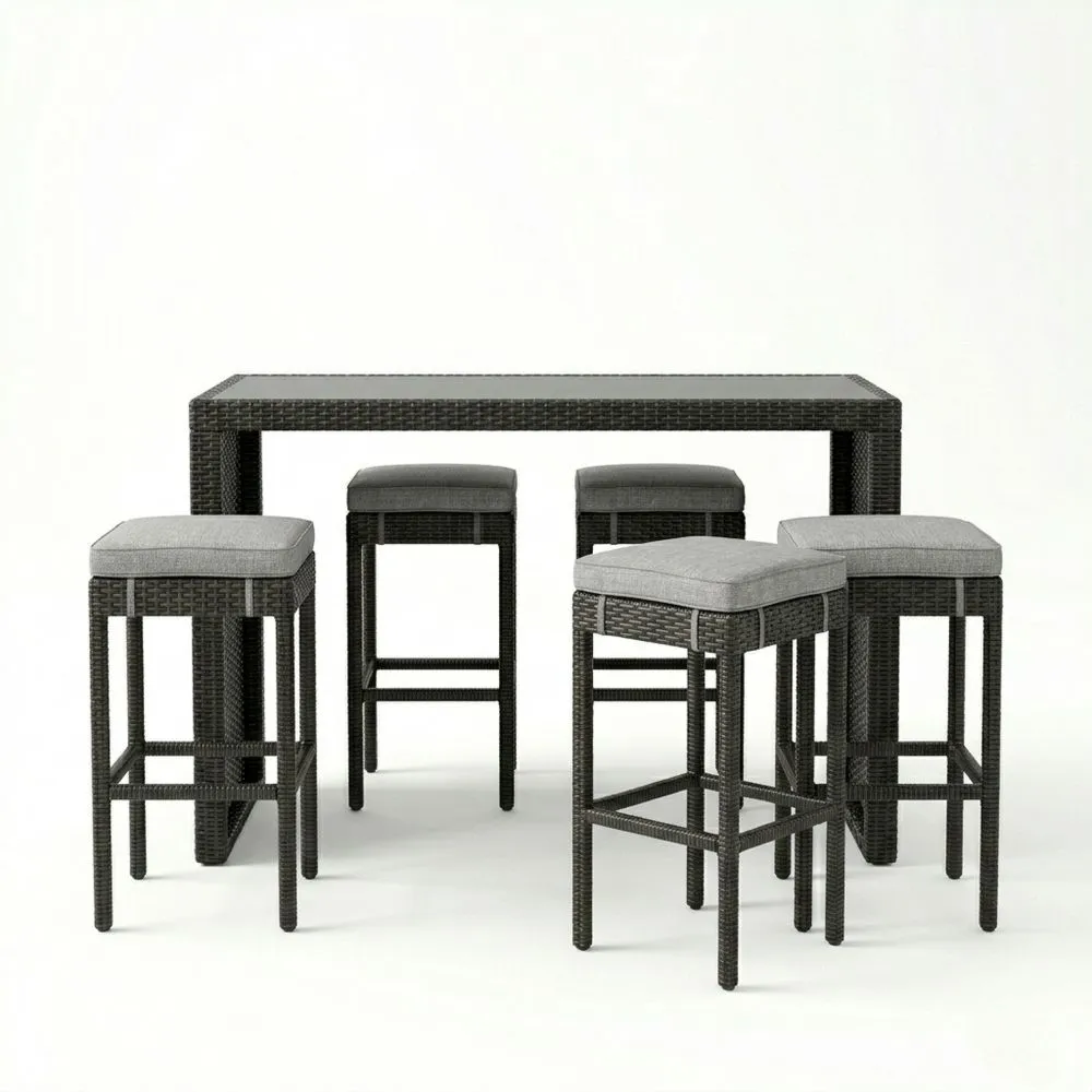 Set bar da giardino con tavolo rettangolare in rattan, 5 sgabelli e cuscini grigio scuro